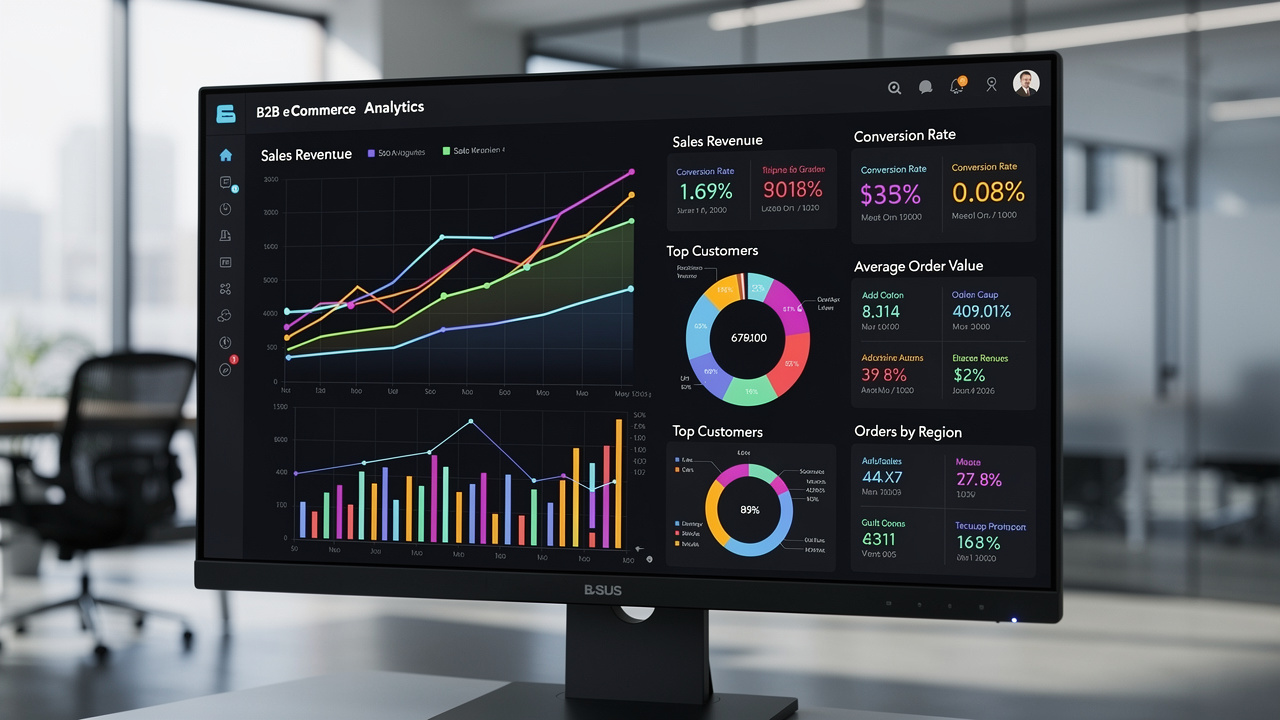 Painel de métricas de e-commerce B2B industrial com gráficos de recompra e ticket médio em monitor