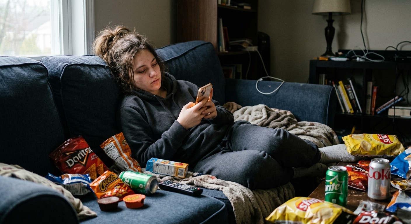 Jovem entediado rolando o feed do smartphone no sofá, com pacotes de salgadinhos ao redor, simbolizando consumo passivo.