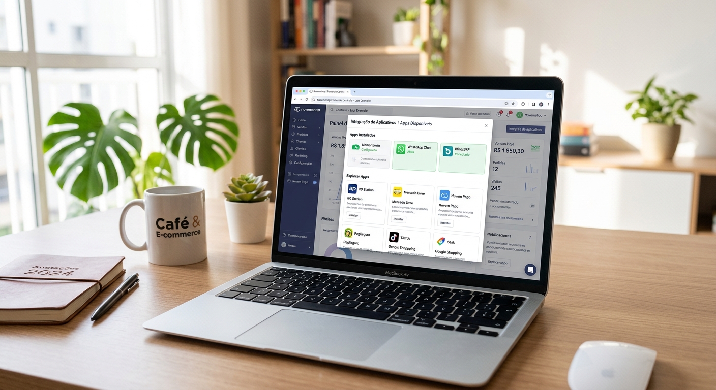 Tela de dashboard de e-commerce com painel de integração de app aberto em ambiente de trabalho
