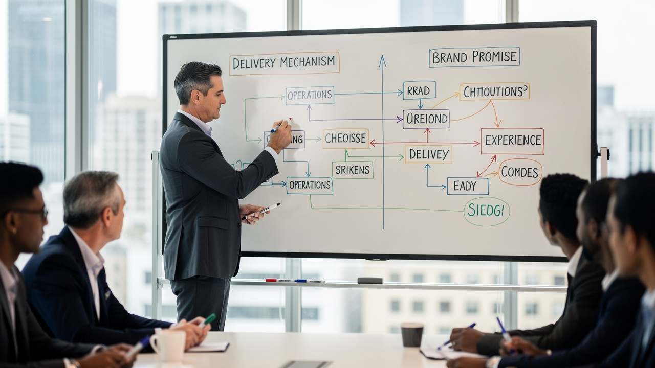 Líder empresarial desenhando diagrama de mecanismo de entrega em quadro branco