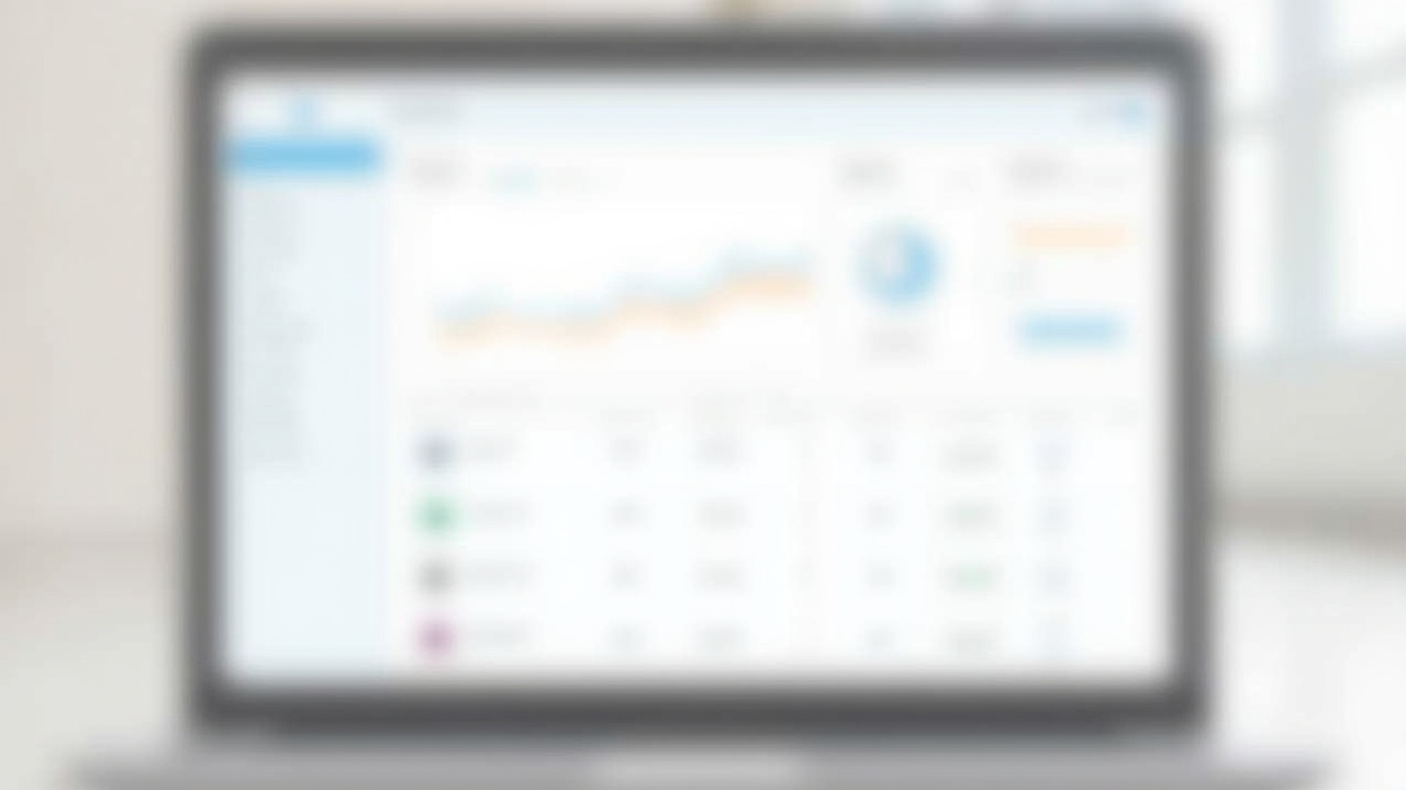 Painel de uma plataforma de gestão de e-commerce exibindo produtos e análises de vendas em um notebook.