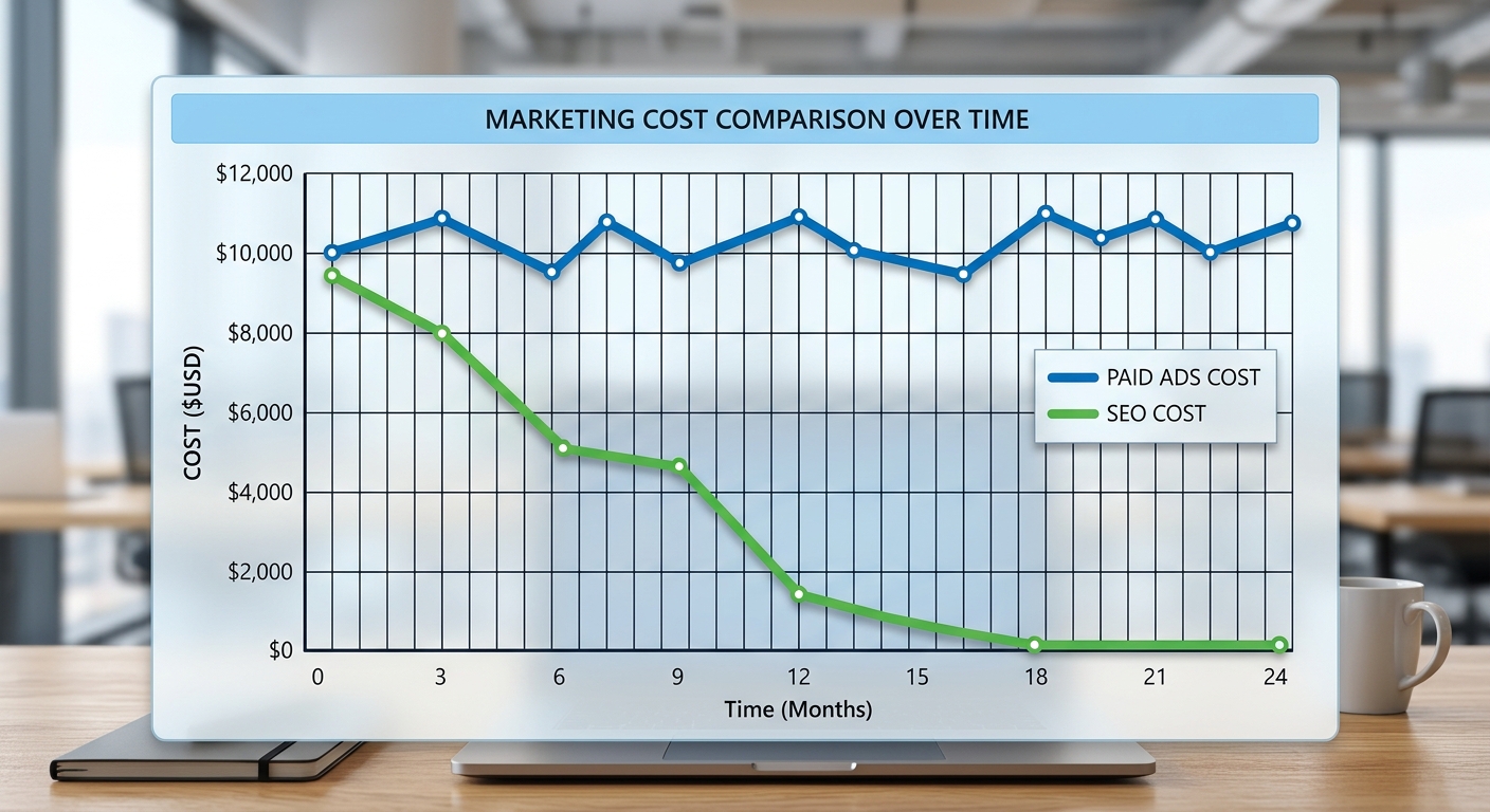 Gráfico comparativo mostrando o custo de anúncios pagos versus o custo de SEO ao longo do tempo