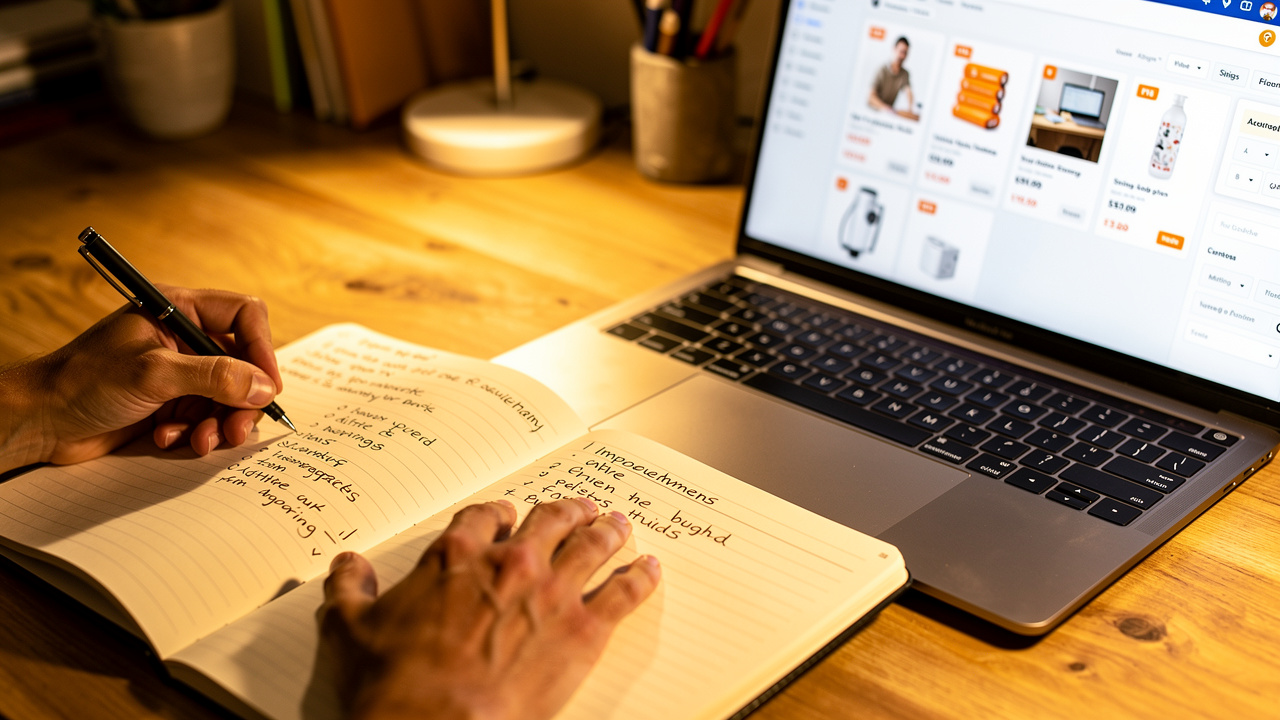 Pessoa anotando melhorias em caderno ao lado de laptop com painel de listagem de produtos