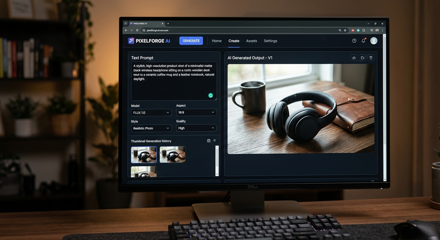 Tela de computador exibindo interface de um gerador de imagens por IA para criar fotos de produtos.