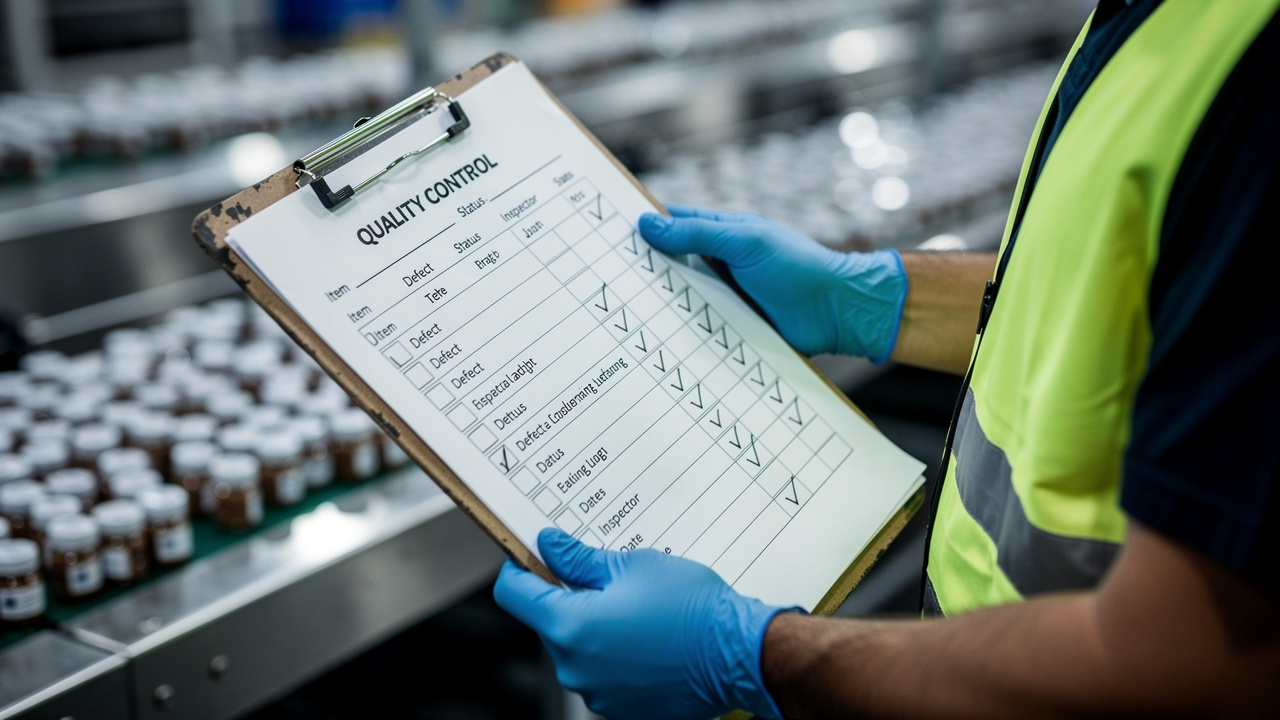 Trabalhador inspecionando produtos em linha de produção com checklist de controle de qualidade