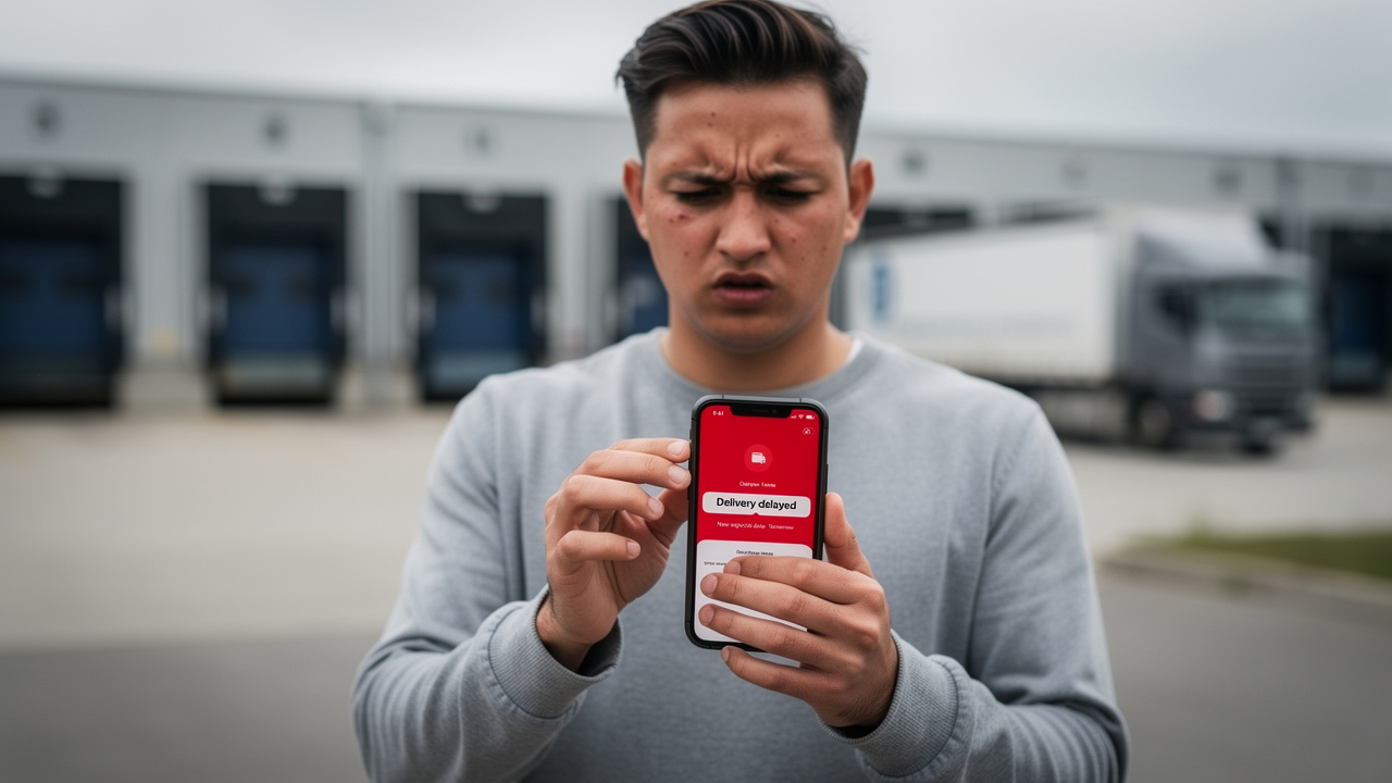 Consumidor frustrado olhando notificação de atraso no celular com armazém industrial ao fundo