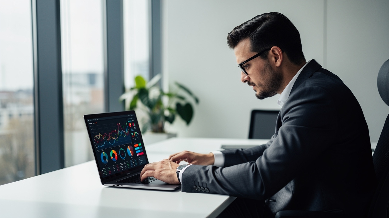 Empreendedor analisando gráficos de participação de mercado em laptop no escritório