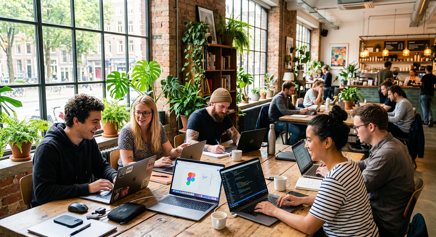 Grupo de nômades digitais trabalhando juntos em um espaço de coworking vibrante com luz natural