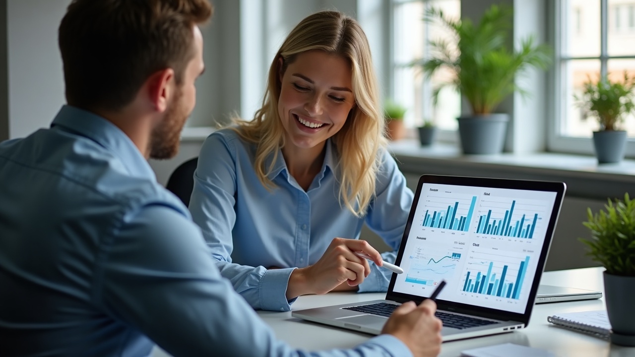 Dois profissionais em reunião de negócios analisando um gráfico em um notebook em um escritório moderno.