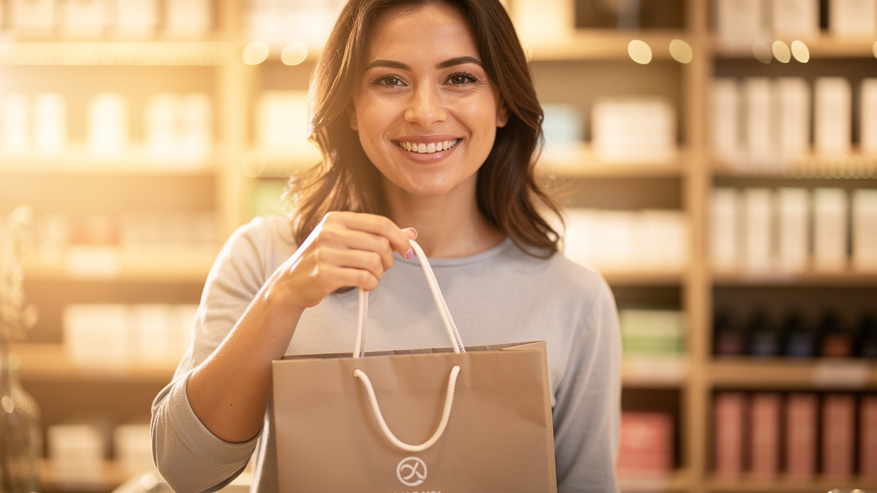 Cliente sorrindo segurando sacola de marca em loja de varejo com iluminação aconchegante