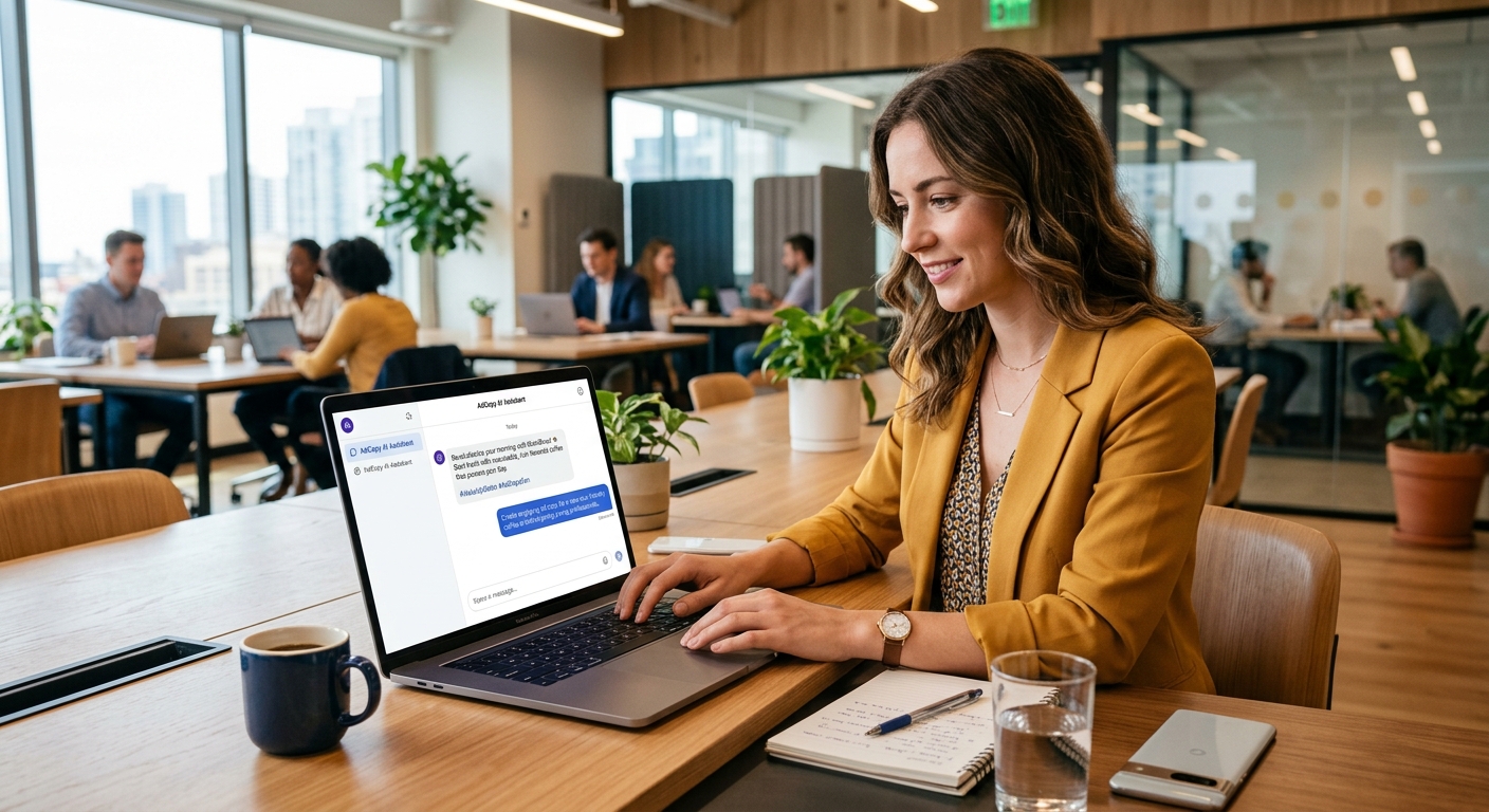 Profissional de marketing em um escritório moderno usando um chat de IA no notebook para criar textos de anúncios.