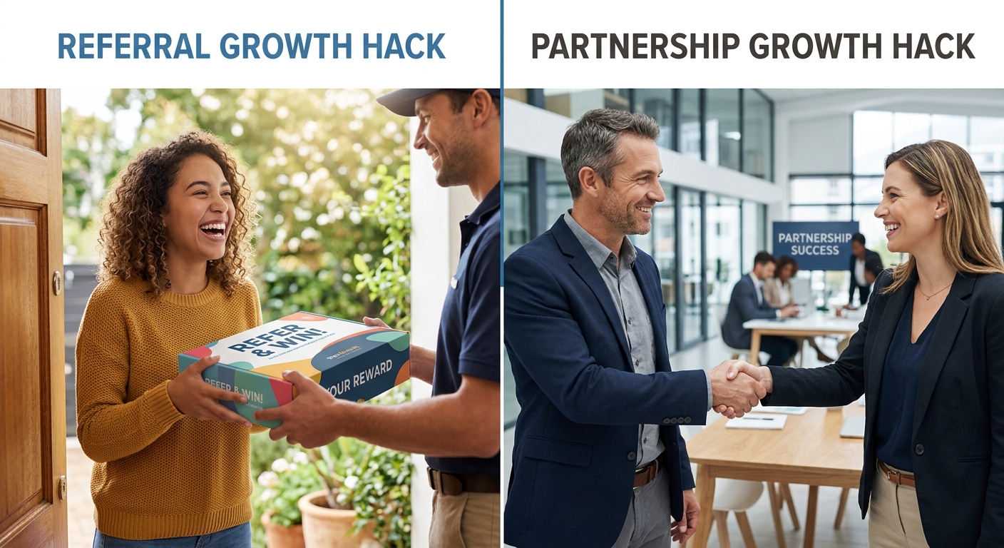 Montagem de imagens mostrando uma cliente feliz com um produto e duas pessoas fechando uma parceria de negócios.
