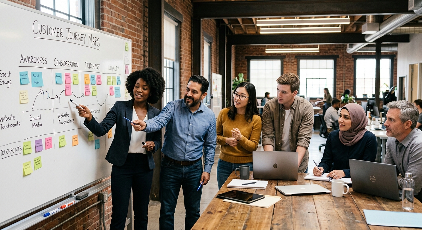 Equipe de marketing em reunião estratégica apontando para um quadro branco com mapas da jornada do cliente.