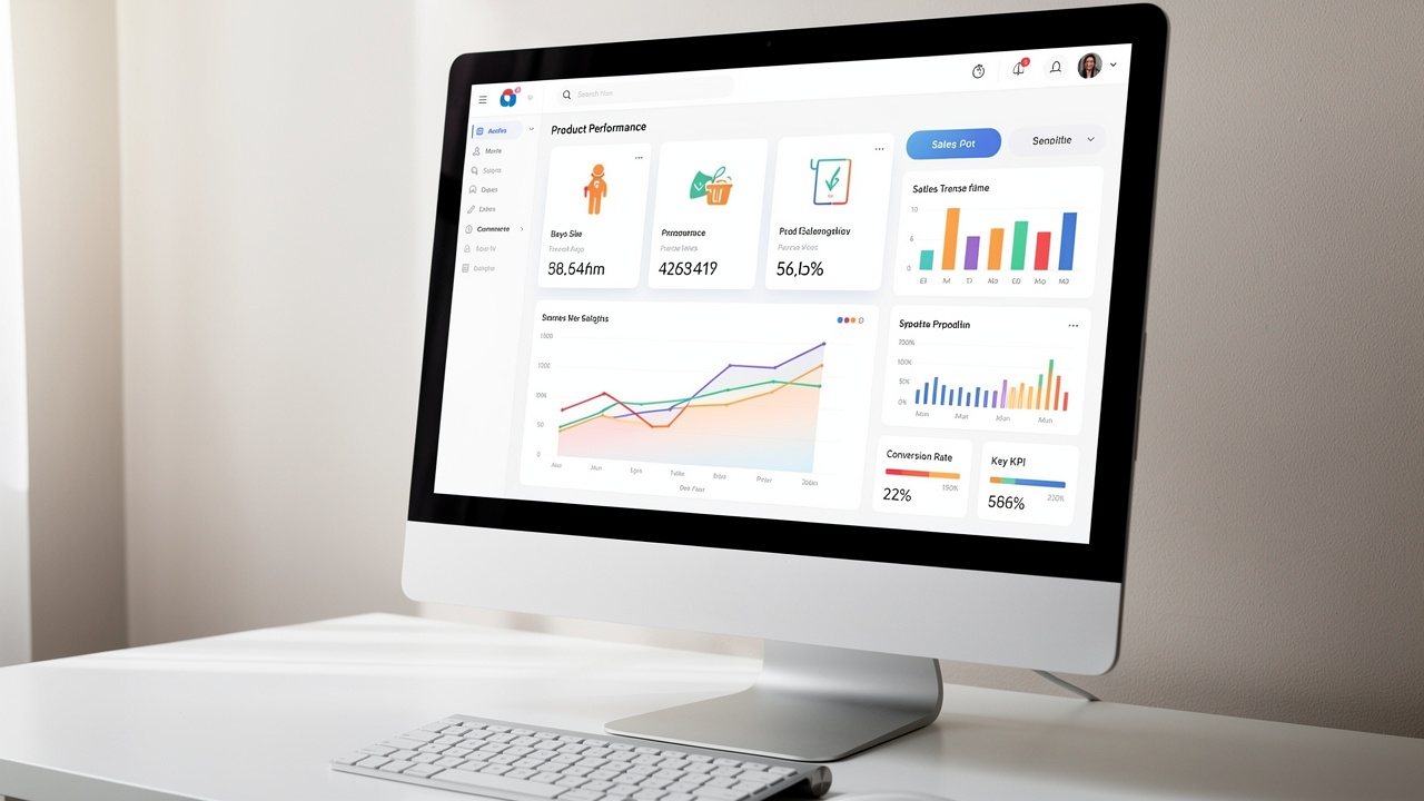 Painel de análise de e-commerce moderno exibindo gráficos de tendências de produtos e vendas.