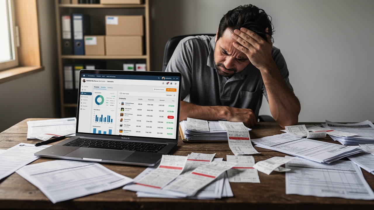 Empresário brasileiro preocupado em frente a um notebook com planilhas e documentos fiscais espalhados.