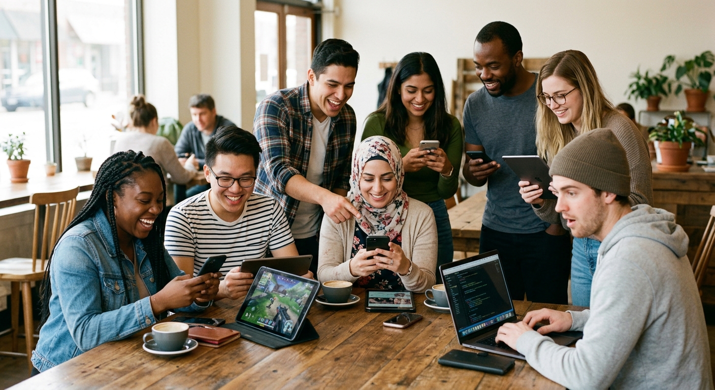 Grupo diversificado interagindo com conteúdo em dispositivos digitais, expressões variadas e luz natural.