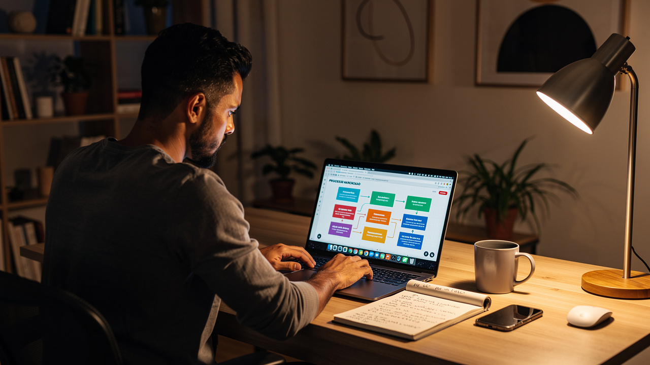 Empreendedor brasileiro organizando template de processo de campanha em notebook no home office