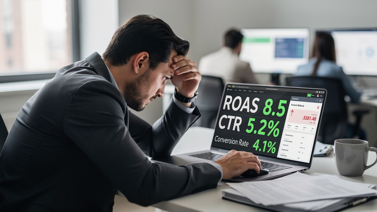 Gestor de e-commerce olhando métricas de ROAS altas com caixa no negativo