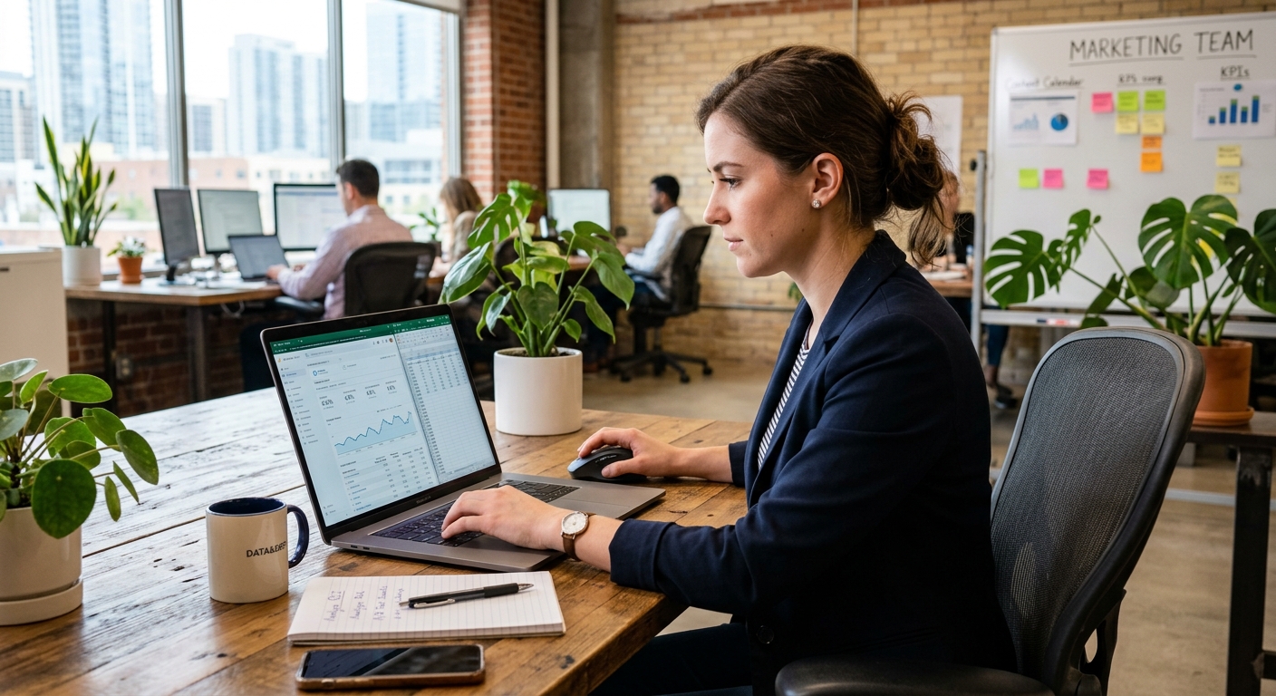 Profissional de marketing digital analisando dados em um laptop no escritório moderno