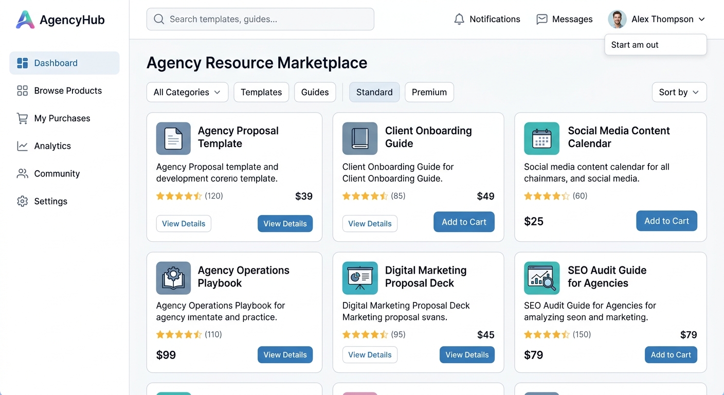 Tela de vendas de produtos digitais com templates e guias para agências digitais