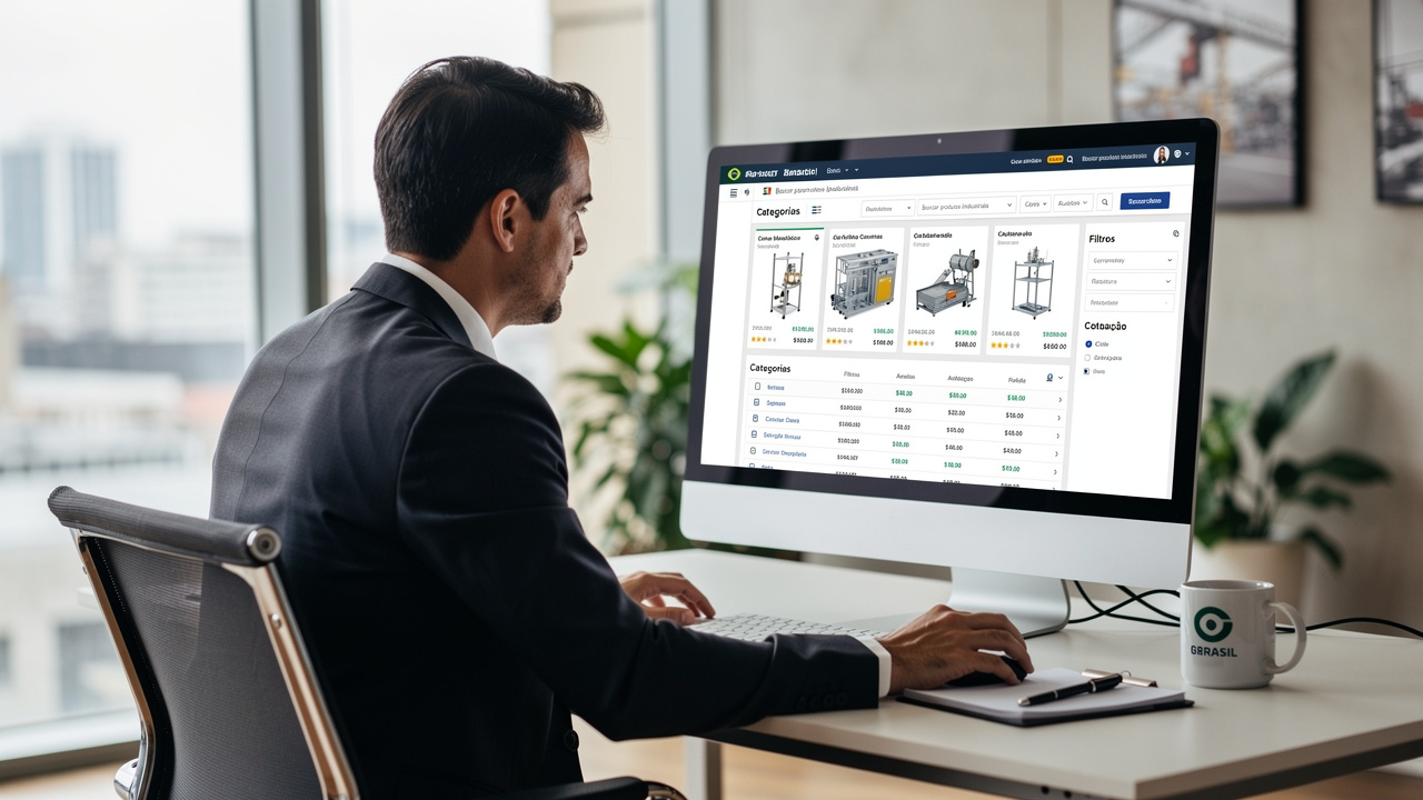 Comprador corporativo navegando em plataforma de ecommerce B2B em escritório moderno