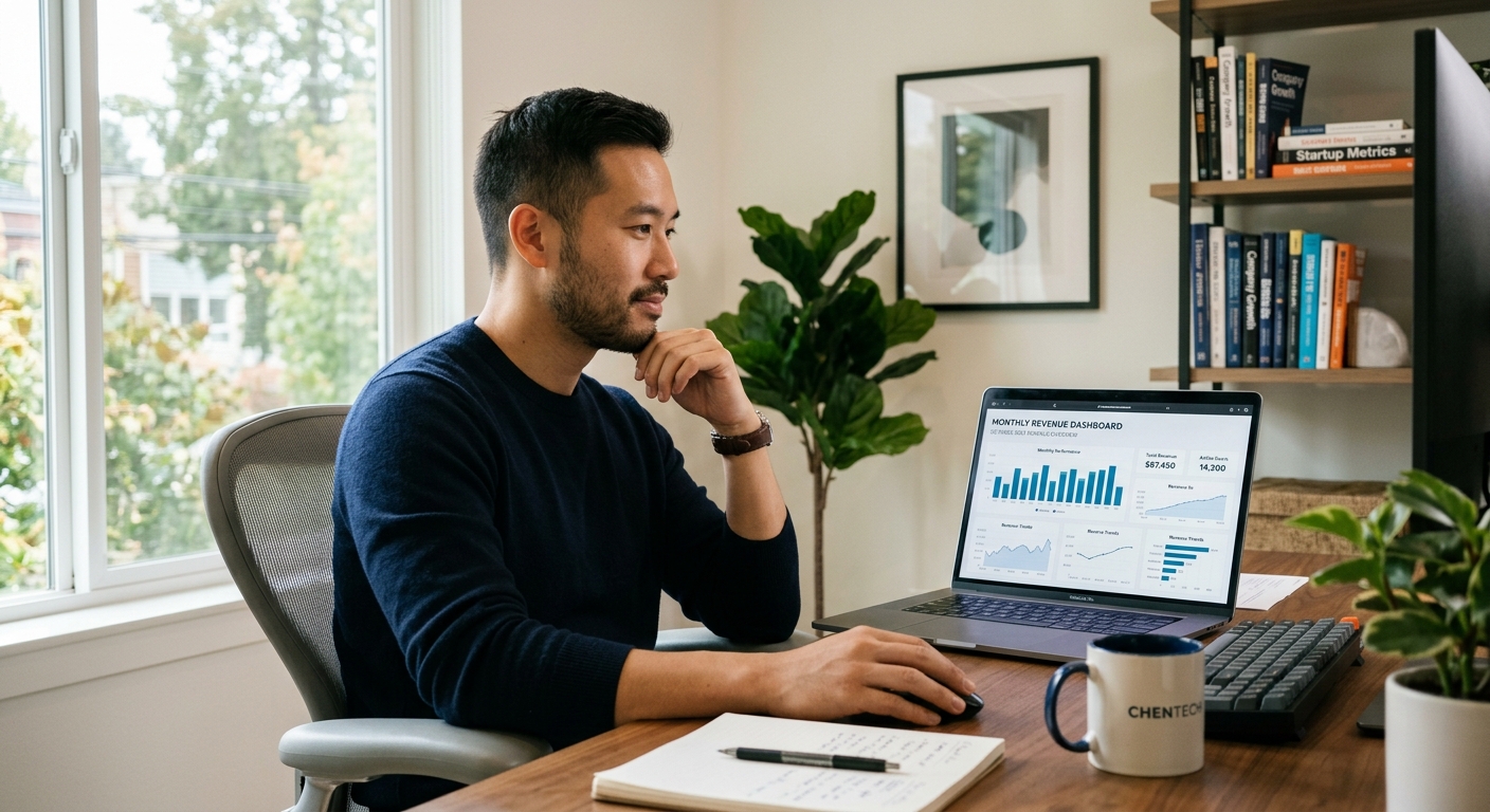 Empreendedor digital analisando painel de receita recorrente em laptop no home office