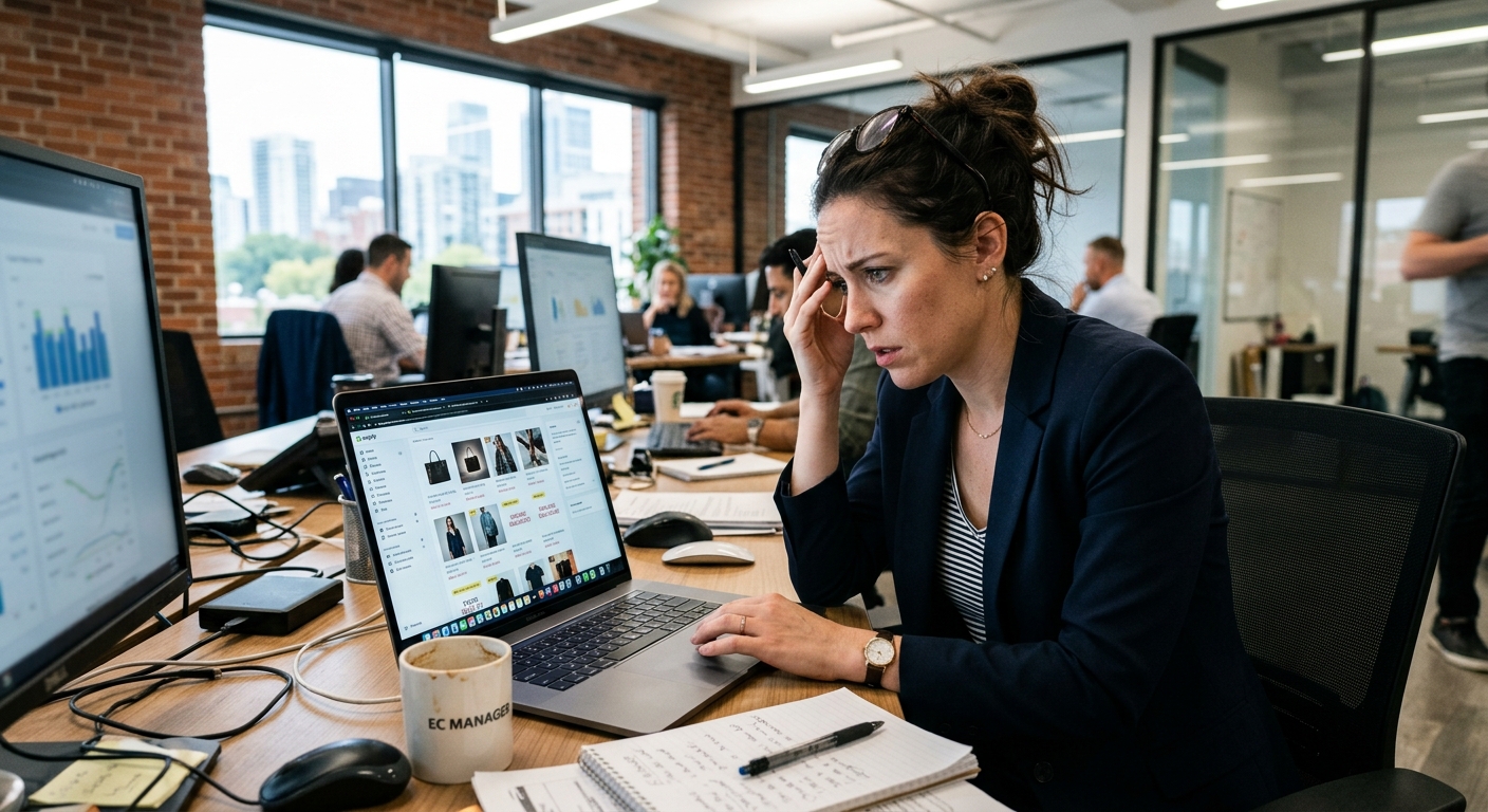 Gerente de e-commerce analisando fotos de produtos em um notebook com expressão preocupada.