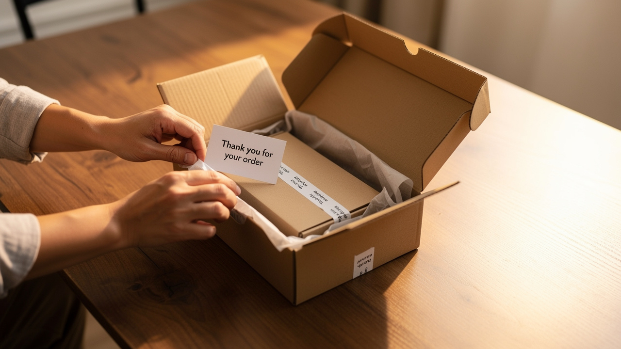 Cliente satisfeito abrindo uma caixa de um pedido de e-commerce com um produto de qualidade dentro
