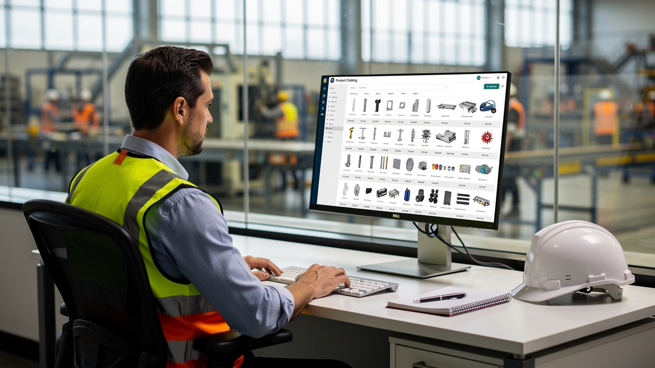 Gestor industrial revisando catálogo extenso de produtos em computador dentro de escritório fabril