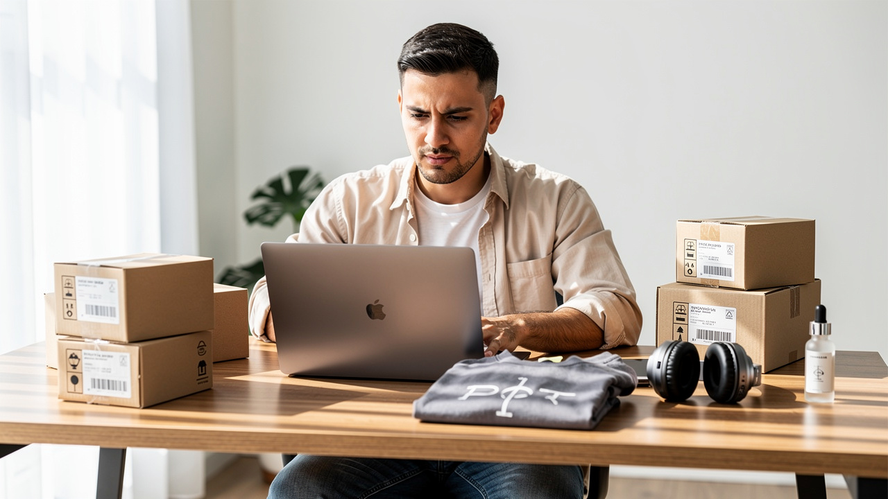 Empreendedor brasileiro escrevendo um post de blog em seu notebook com produtos da loja na mesa