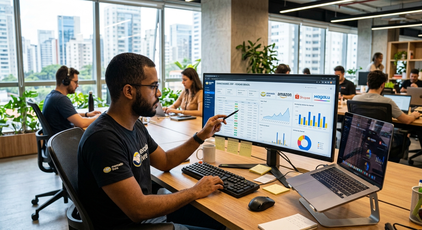 Desenvolvedor analisando painel de ERP moderno em escritório brasileiro com telas de marketplace