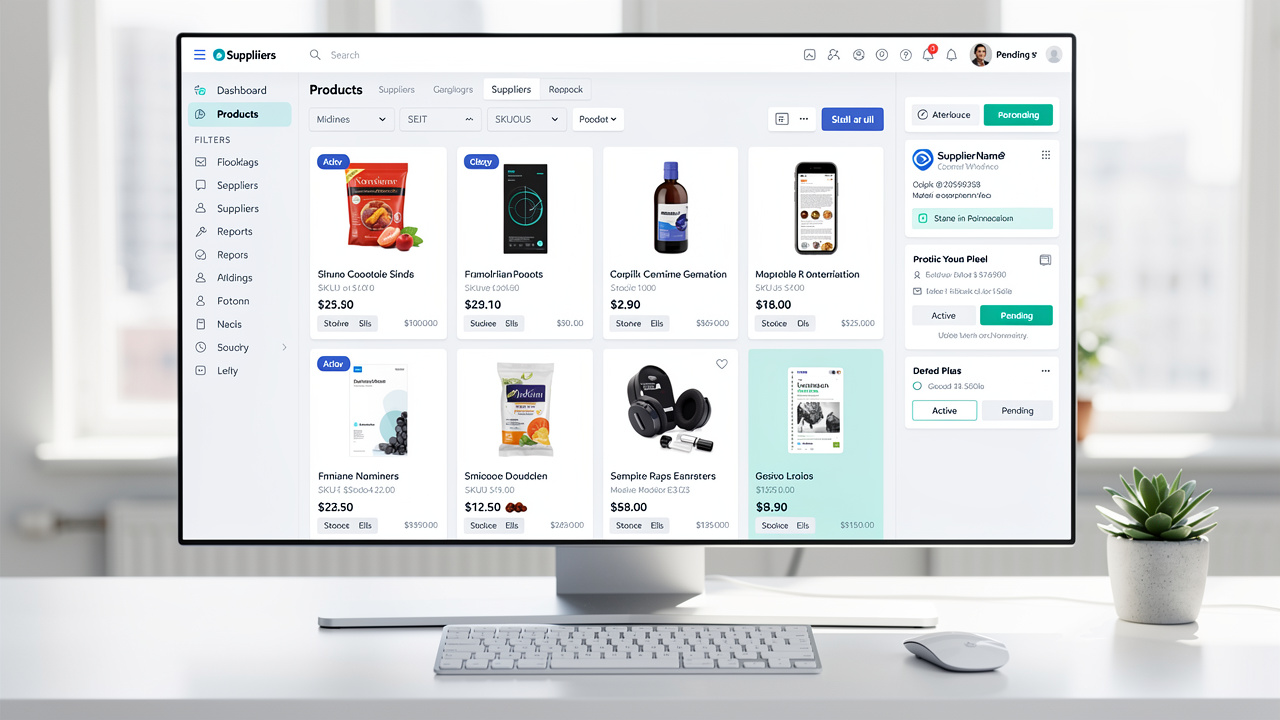 Painel digital organizado com catálogo de produtos e informações de fornecedores em interface limpa