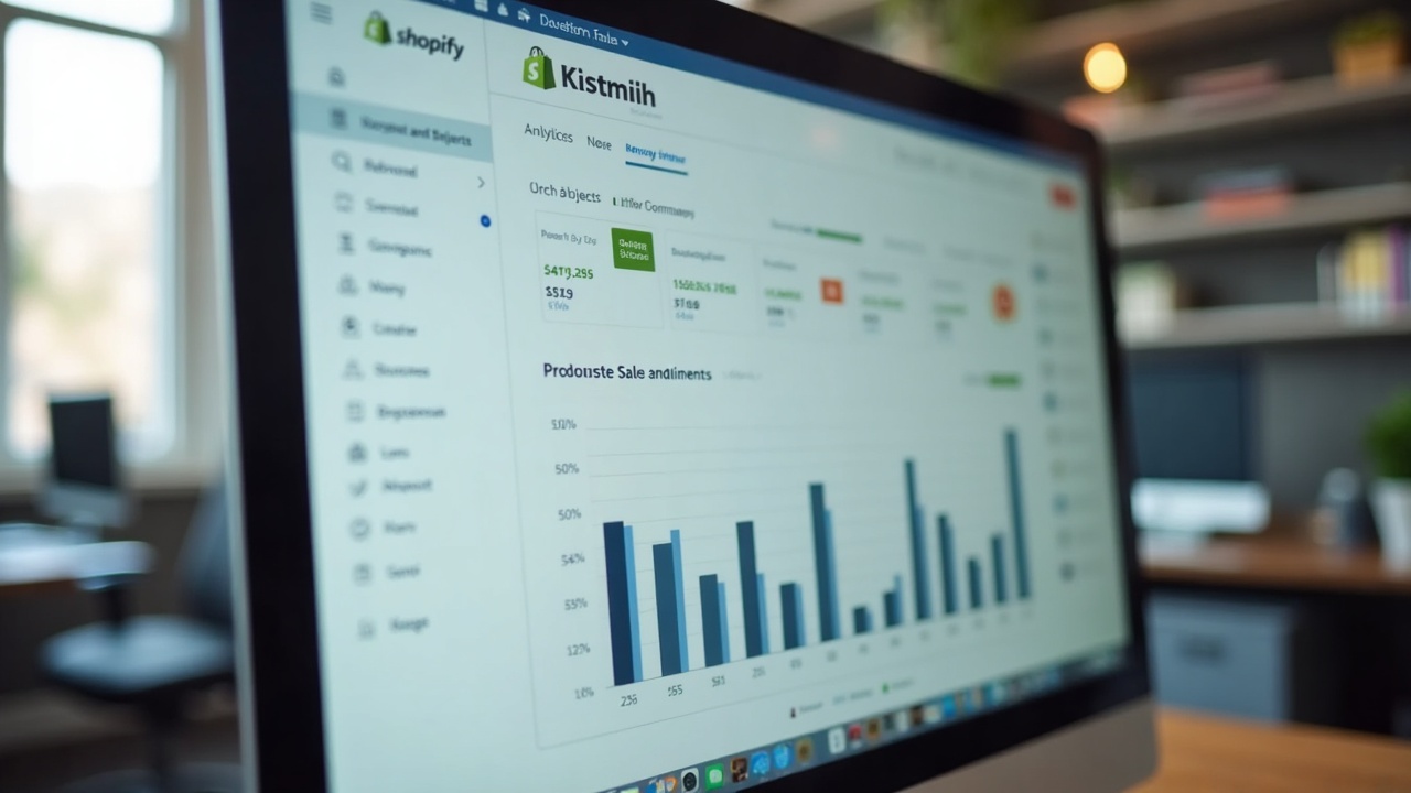 Tela de computador exibindo um painel de e-commerce com gráficos de vendas e listagem de produtos.