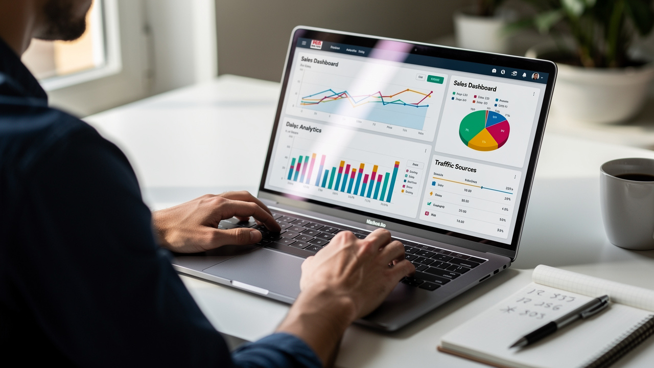 Gestor de e-commerce analisando gráficos de tráfego de blog e vendas em um notebook