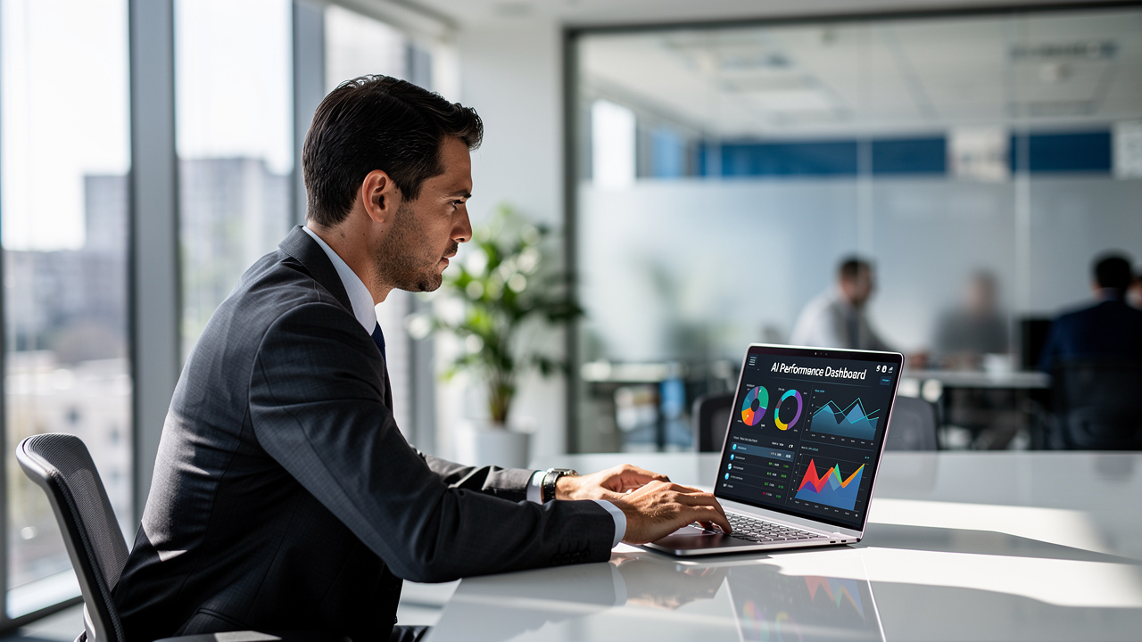 Gestor analisando painel de inteligência artificial em laptop em escritório moderno