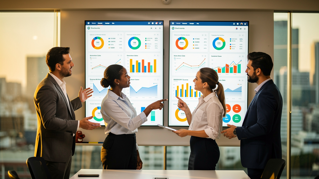 Equipe de negócios brasileira comparando dois painéis de dados em quadro branco em reunião de análise