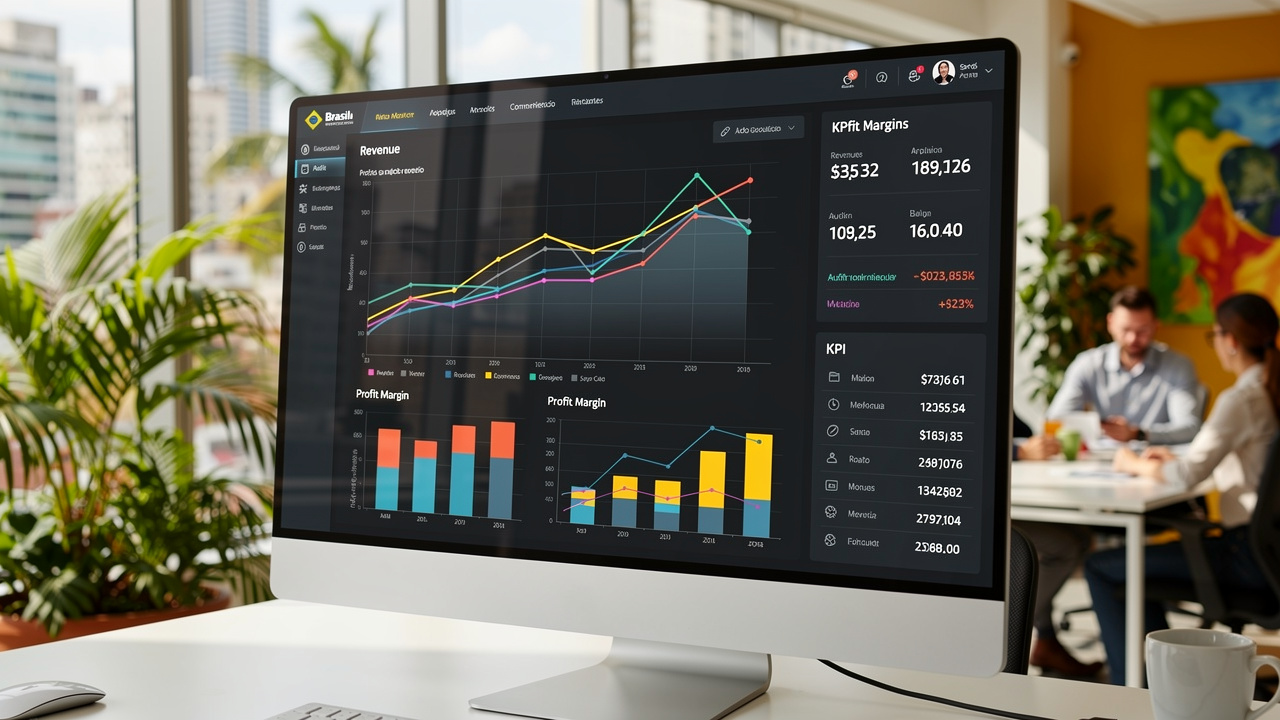 Monitor com dashboard mostrando gráficos de faturamento e margem de lucro comparados