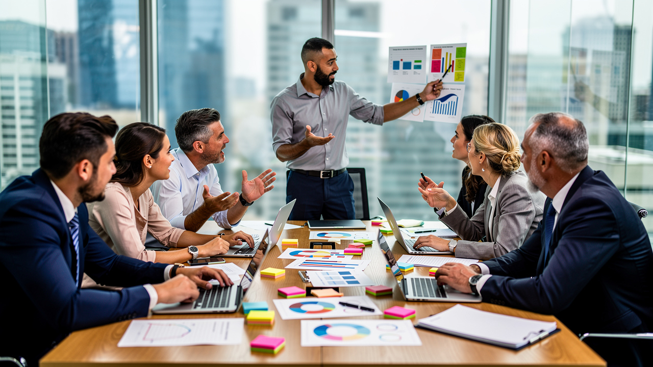 Equipe diversa em sessão de brainstorming com notas adesivas e gráficos em mesa de reunião