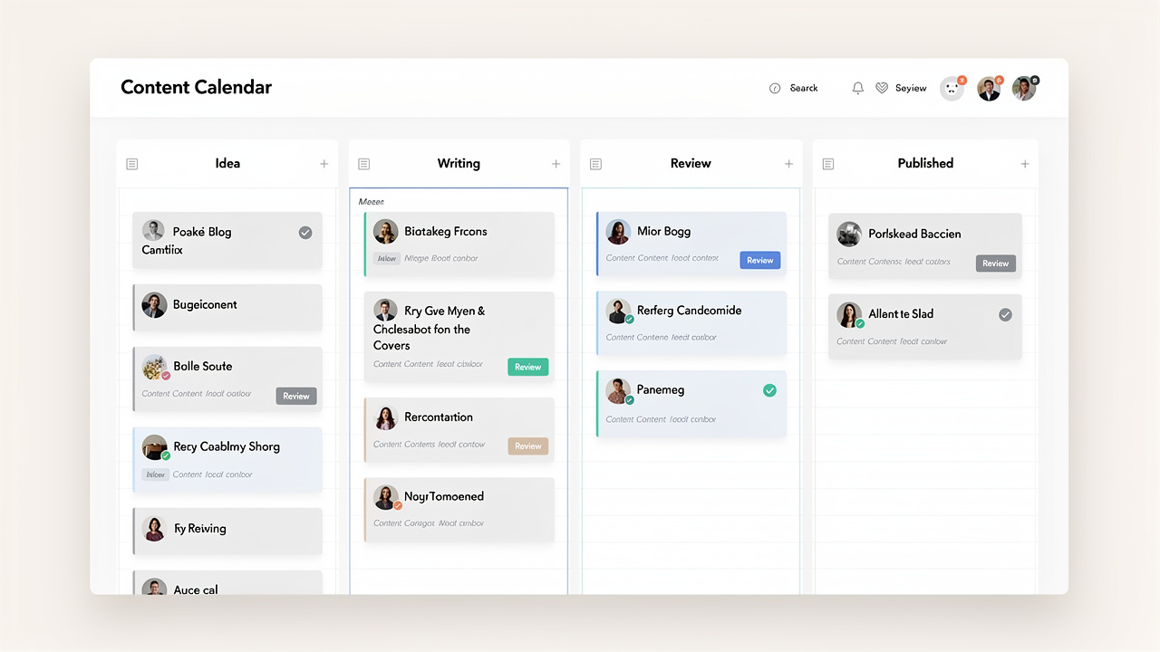 Painel digital organizado exibindo um calendário de conteúdo com posts de blog em diferentes etapas.