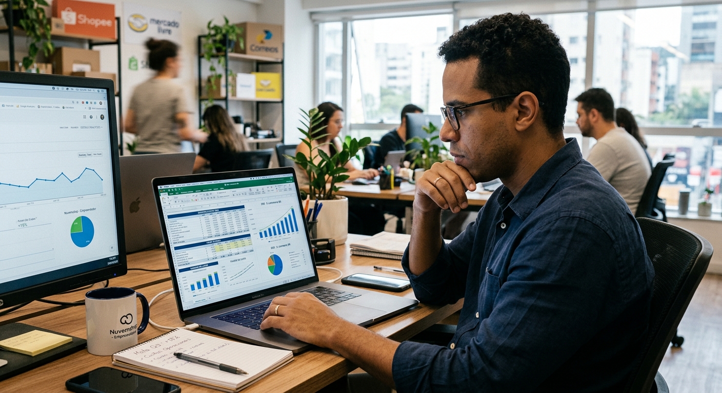 Empreendedor analisando planilhas de margem de lucro em notebook com gráficos financeiros