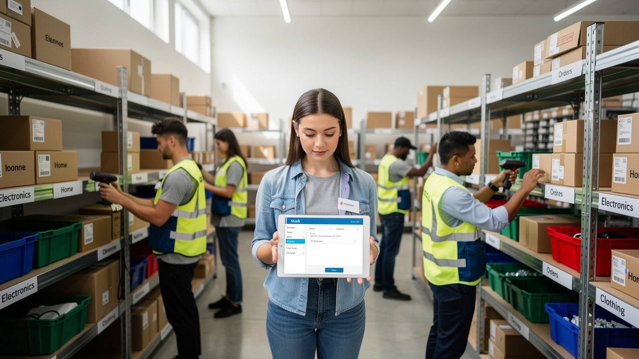 Equipe organizando armazém de e-commerce com sistema digital de inventário em tablet