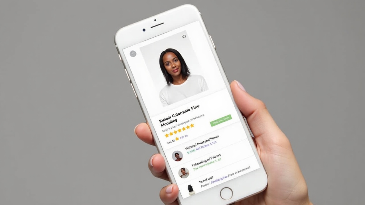 Tela de smartphone exibindo uma página de produto com avaliação de cinco estrelas e comentários positivos