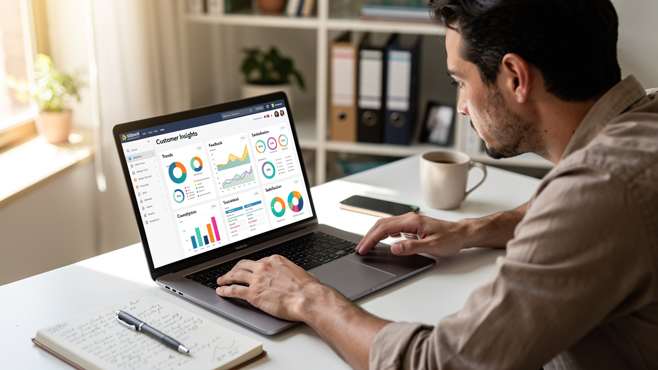 Proprietário de pequena empresa analisando dados de clientes gerados por inteligência artificial no laptop