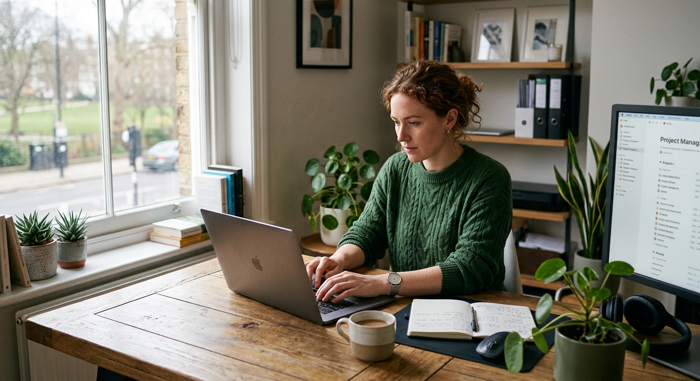 Freelancer trabalhando em projeto em um espaço moderno, com luz natural
