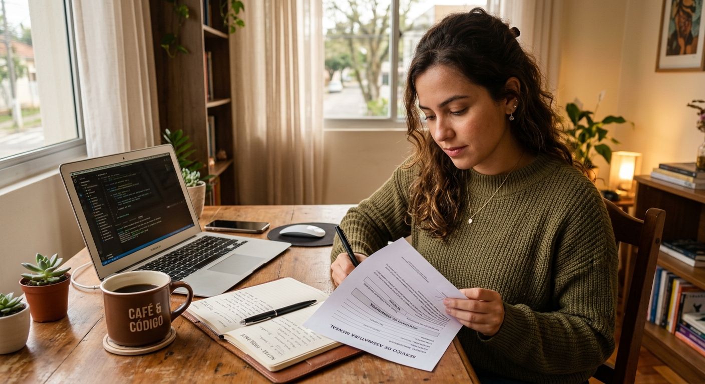 Freelancer brasileiro revisando contrato de assinatura mensal em mesa com caderno e café