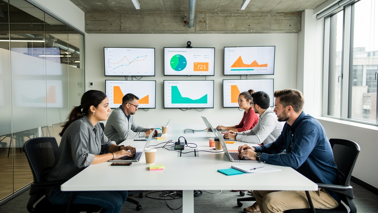 Equipe em reunião analisando gráficos isolados sem visão integrada do sistema