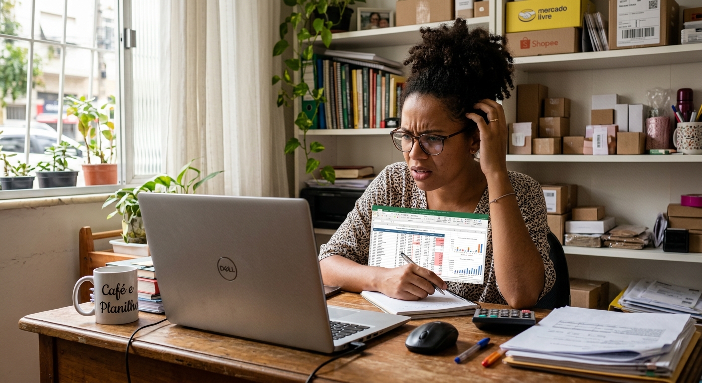 Lojista brasileiro analisando planilha financeira confuso em home office com luz natural