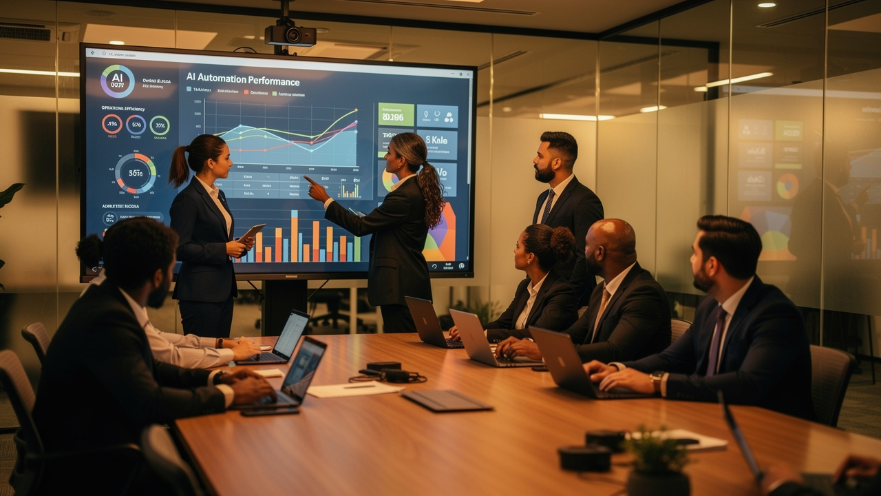 Equipe de negócios brasileira analisando resultados de automação com IA em sala de reunião