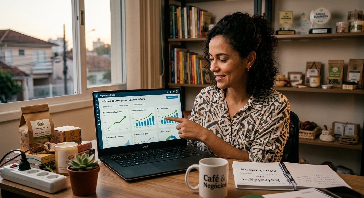 Empreendedor analisando um painel de métricas de redes sociais em seu notebook com gráficos de crescimento.