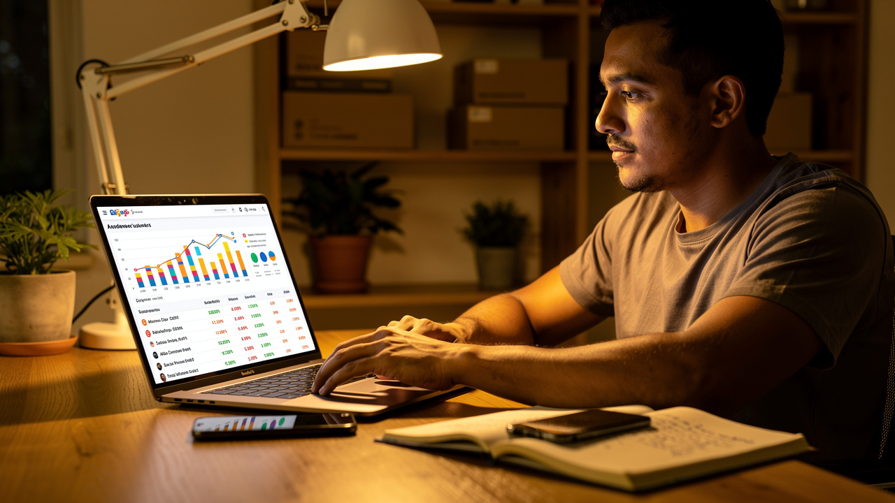 Lojista brasileiro analisando dados de recompra de clientes no computador com luz ambiente